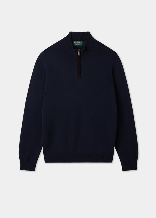 Dark navy quarter-zip sweater on a light gray background