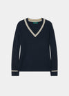 Ladies Cable Knit Cricket Jumper In Dark Navy