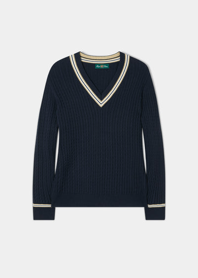 Ladies Cable Knit Cricket Jumper In Dark Navy