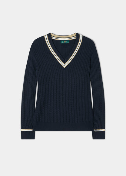 Ladies Cable Knit Cricket Jumper In Dark Navy