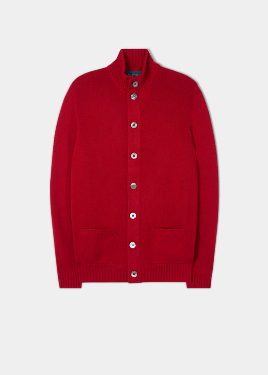 Landford Lambswool Buttoned Mock Neck Jumper in Dubonnet, regular fit, laid flat on a light gray background.