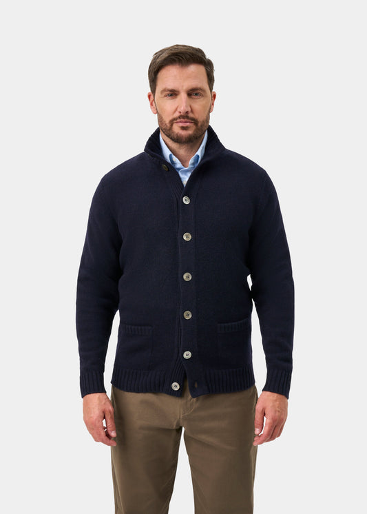 Landford Lambswool Buttoned Mock Neck Jumper In Navy - Regular Fit