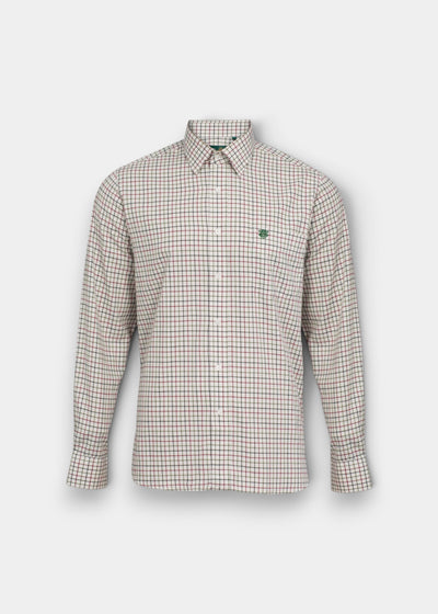 Aylesbury Cotton Country Check Shirt in red, regular fit, features long sleeves and a green logo on the chest pocket.