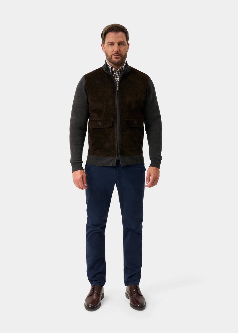 Oakmoore Suede Front Zip Through Jumper In Dark Brown