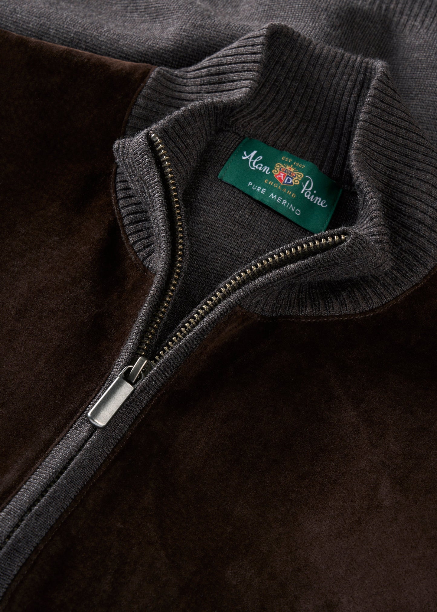 Oakmoore Suede Front Zip Through Jumper In Dark Brown