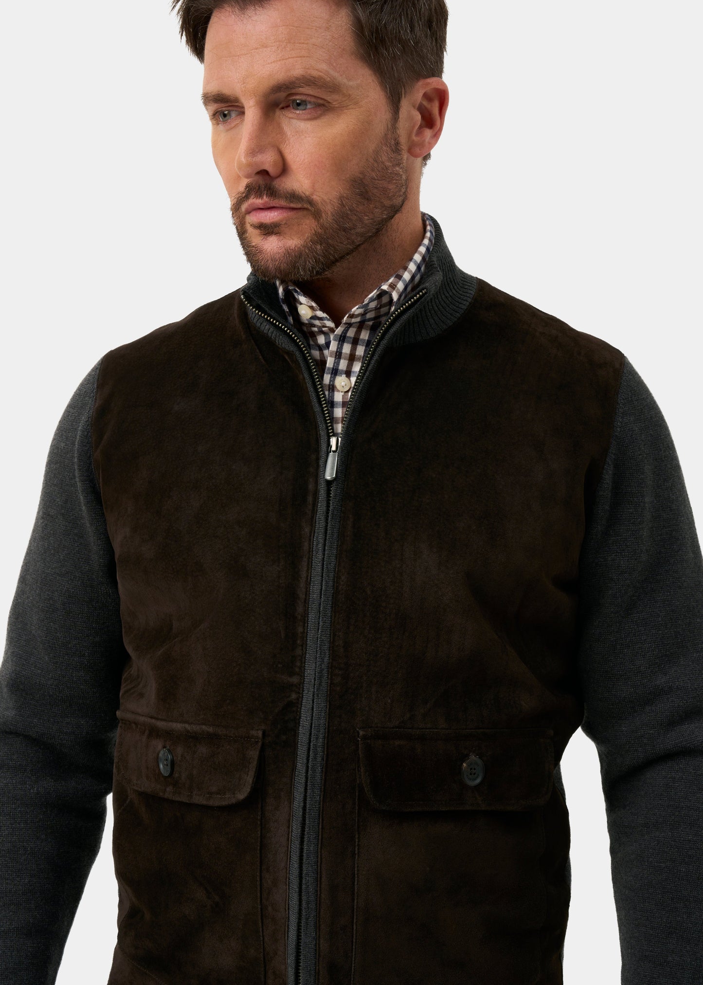 Oakmoore Suede Front Zip Through Jumper In Dark Brown