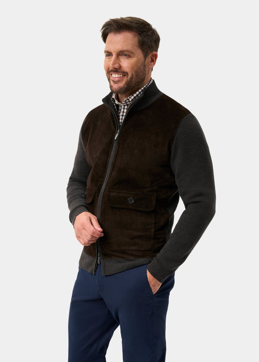 Oakmoore Suede Front Zip Through Jumper In Dark Brown