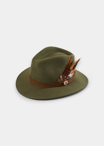 Olive wool felt fedora hat with a leather band and feather detail in brown and orange