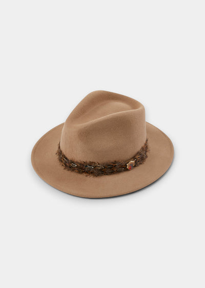 Womens fedora hat in tan 100 percent wool felt with a decorative pheasant feather wrap band