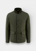 Alan Paine Richmond men's olive barn jacket featuring diamond quilting, corduroy collar, and flap pockets.