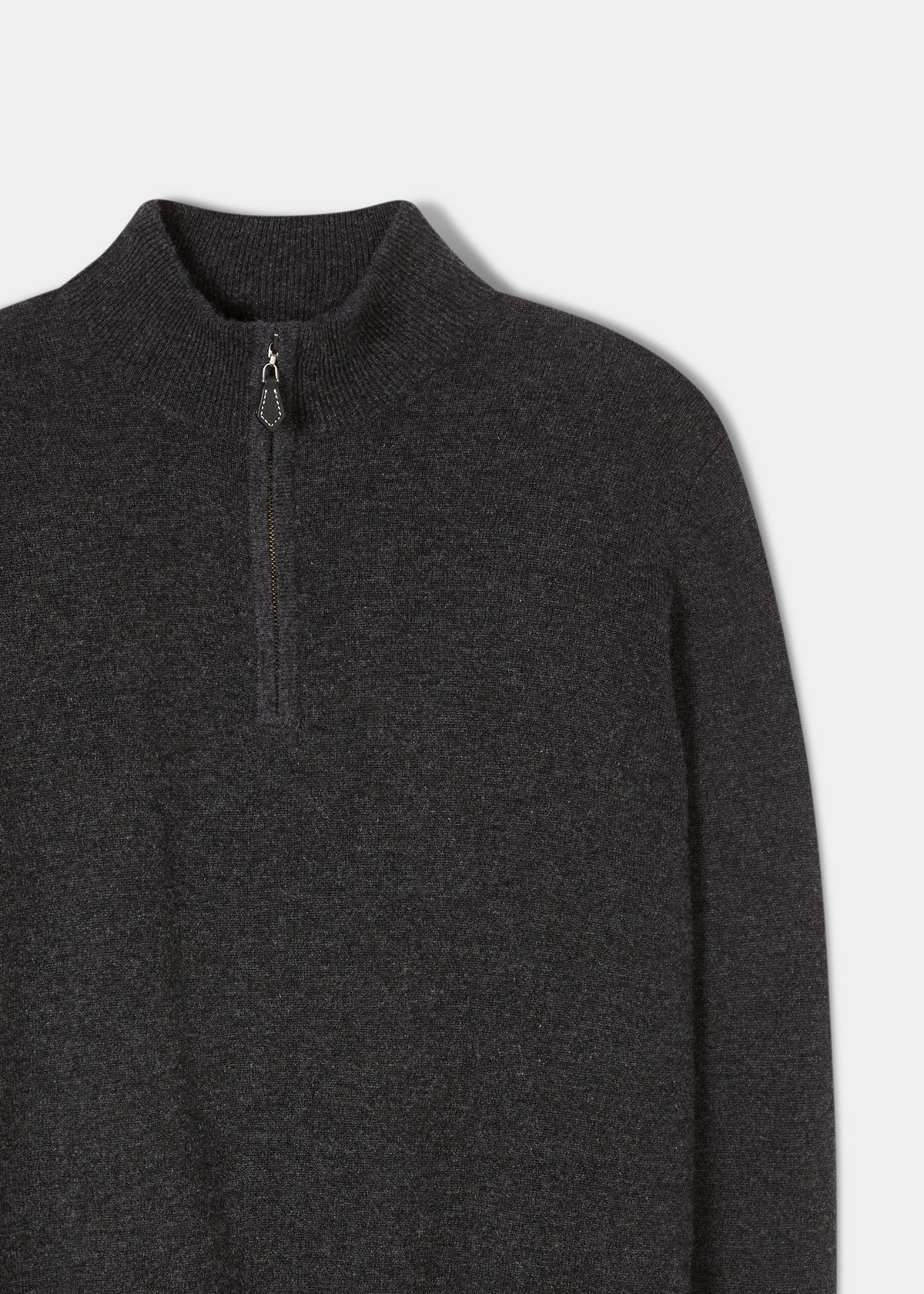 Hanbury Pure Cashmere Quarter Zip Jumper in Charcoal, regular fit, features a 1/4 zip and stand-up collar.
